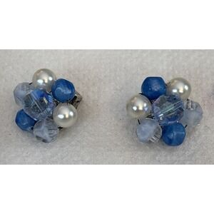 Vintage Laguna Aurora Borealis Glass and Faux Pearl Silver Tone Clip On Earrings